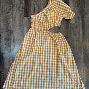 Who What Wear Dress Women's L Yellow Gingham Plaid Cut Out Puff Sleeve Midi